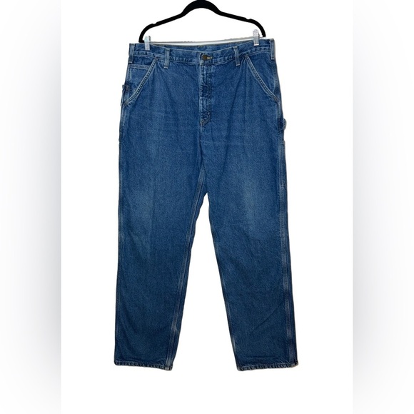 Carhartt Washed-Denim Work Dungaree/Flannel-Lined Jeans, Size 38 X 34. - Picture 3 of 13